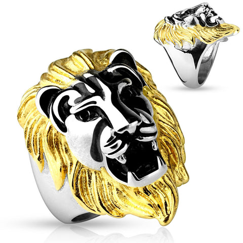 Two-tone gold and polished stainless steel lion's head ring | Wholesale stainless steel rings - Jewelry | Main