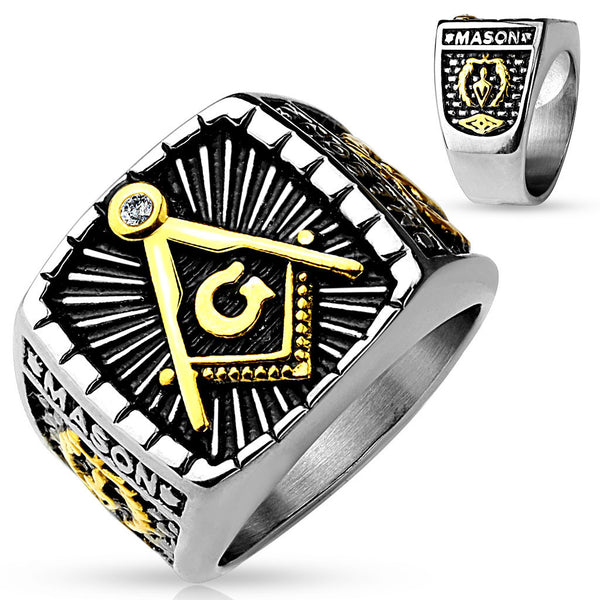Two-tone burnished stainless steel Masonic ring with gold logo and CZ | Wholesale Jewelry | Main photo