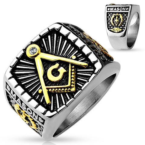 Two-tone burnished stainless steel Masonic ring with gold logo and CZ | Wholesale Jewelry | Main photo