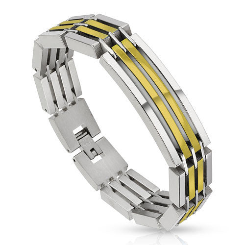 Crescent bar bracelet with segmented links 14K gold plated center | Wholesale 316L Stainless Steel Jewelry