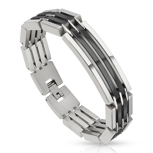 Crescent bar bracelet with segmented links black ion plated center | Wholesale 316L Stainless Steel Jewelry
