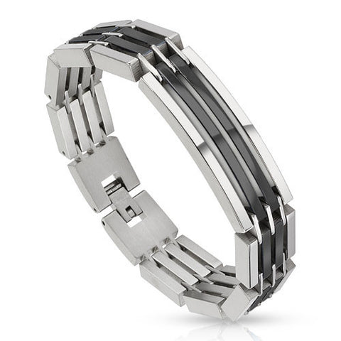 Crescent bar bracelet with segmented links black ion plated center | Wholesale 316L Stainless Steel Jewelry