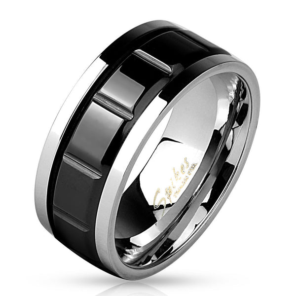 Mirror polished ring with black chocolate square spinning band | Wholesale stainless steel rings - Jewelry | Main photo