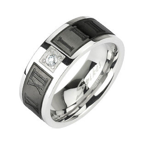 Mirror polished stainless steel ring with roman numeral black band and CZ accent | Wholesale Jewelry