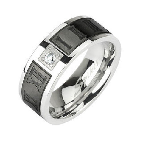 Mirror polished stainless steel ring with roman numeral black band and CZ accent | Wholesale Jewelry