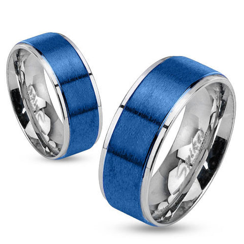 Two-tone mirror polished stainless steel ring with royal blue band and ridged edges | Wholesale Jewelry