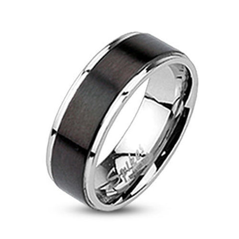 Two-tone mirror polished stainless steel ring with brushed finish black band | Wholesale Jewelry