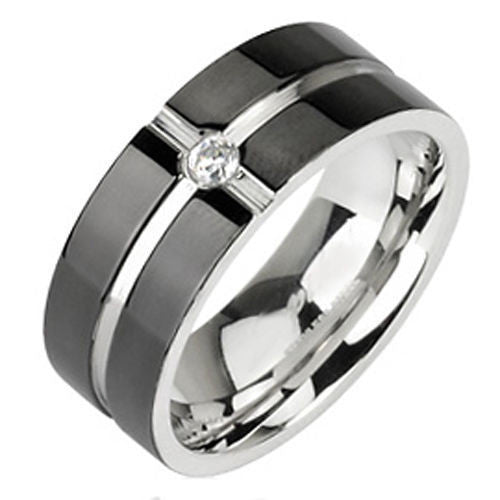 Mirror polished stainless steel ring with crossing stripes on black band and CZ accent | Wholesale Jewelry