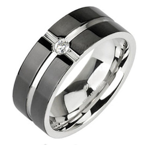 Mirror polished stainless steel ring with crossing stripes on black band and CZ accent | Wholesale Jewelry