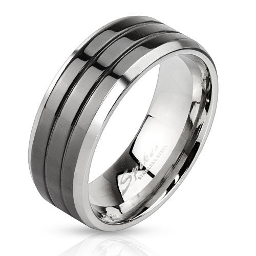 Two-tone mirror polished stainless steel ring with double grooved black band | Wholesale Jewelry