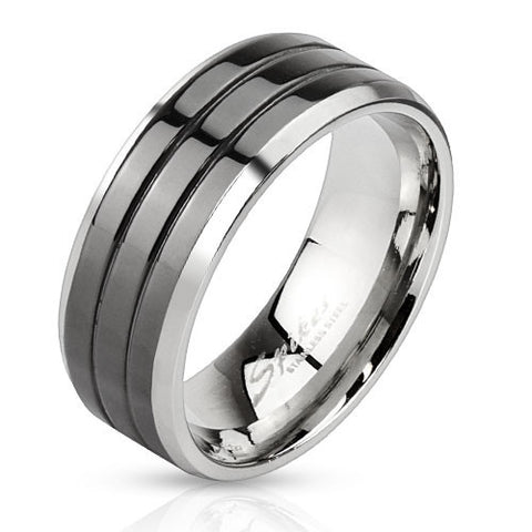 Two-tone mirror polished stainless steel ring with double grooved black band | Wholesale Jewelry