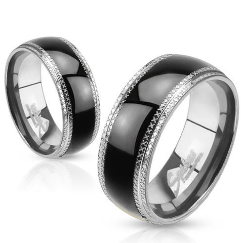 Beautiful Two-Tone Stainless Steel Ring in Mirror Polish Finish with Milgrained Edges and Black Band. Couple Ring.