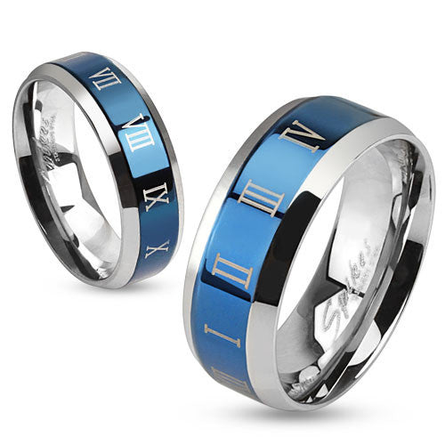 Two-tone ring with royal blue band and laser etched roman numerals | Wholesale Jewelry