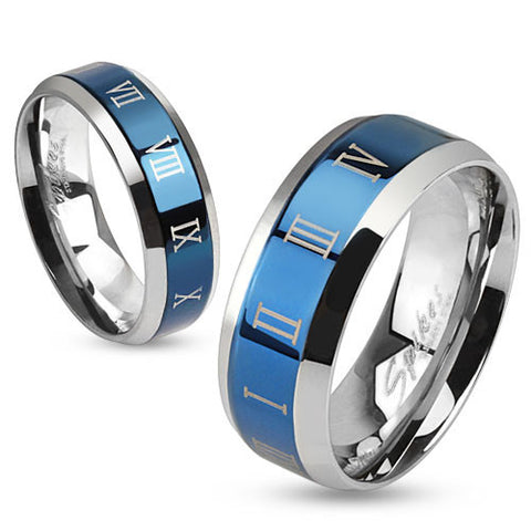 Two-tone ring with royal blue band and laser etched roman numerals | Wholesale Jewelry