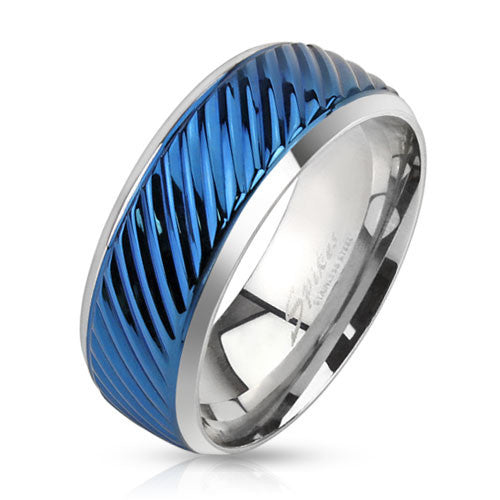Mirror polished ring with slash grooved royal blue band | Wholesale stainless steel rings - Jewelry