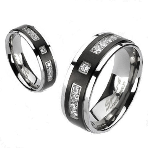 Two-tone titanium ring with 9 CZ accents on black band | Wholesale Titanium Rings | Wedding Bands