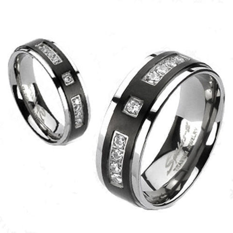 Two-tone titanium ring with 9 CZ accents on black band | Wholesale Titanium Rings | Wedding Bands