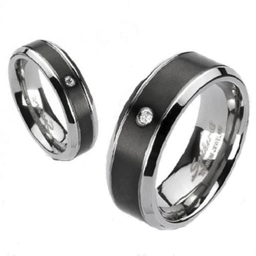 Two-tone mirror polished titanium ring with black band & CZ accent | Wholesale Titanium Rings | Wedding Bands