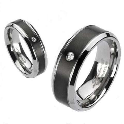 Two-tone mirror polished titanium ring with black band & CZ accent | Wholesale Titanium Rings | Wedding Bands
