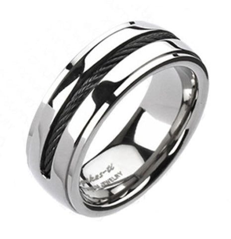 Mirror polished titanium ring with black cable inlay and stepped edges | Wholesale Titanium Rings | Wedding Bands