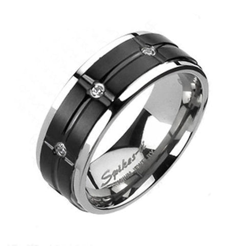 Mirror polished titanium ring with cross grooved black band & CZ accents | Wholesale Titanium Rings | Wedding Bands