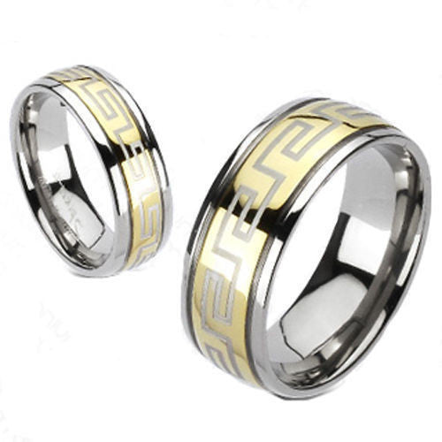 Mirror polished titanium ring with Greek key etched pale gold band | Wholesale Titanium Rings | Wedding Bands