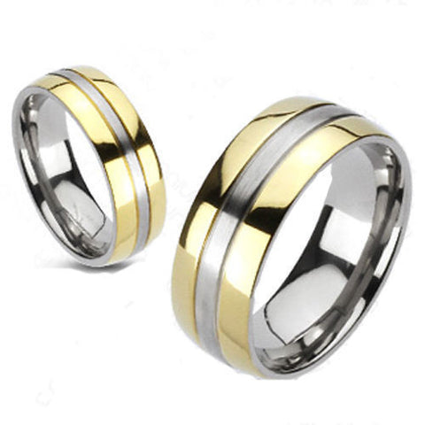 Two-tone mirror polished titanium ring with wide gold stripes | Wholesale Titanium Rings | Wedding Bands