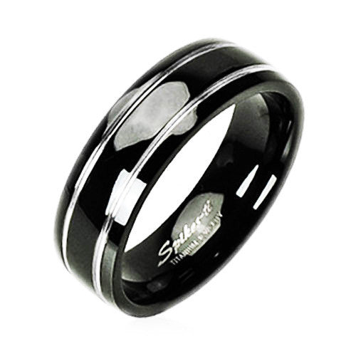 Two-tone black titanium ring with two mirror polished groove accents | Wholesale Titanium Wedding Bands