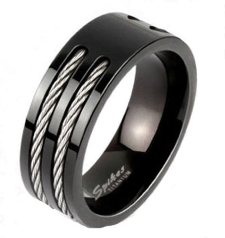 Two-tone black titanium ring with dual cable inlays | Wholesale Titanium Rings | Wedding Bands | Jewelry