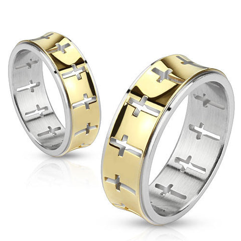 Two-tone stainless steel ring with 14k plated concave band and cutout crosses | Wholesale Jewelry