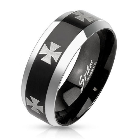 Two-tone stainless steel ring with Maltese crosses on black band and chamfered edges. Wholesale Jewelry