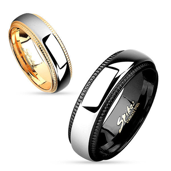 Classic Two-Tone Stainless Steel Ring with Mirror Polished Center Band and Milgrained Edges. Couple Ring. Rose Gold for her. Black for him.