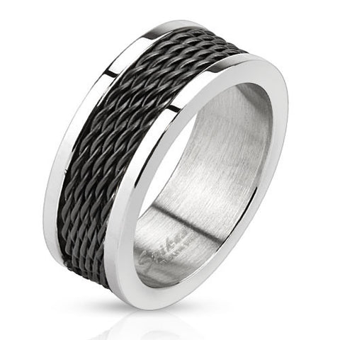Two-tone stainless steel ring with mirrored edges and five twisted black bands inlay | Wholesale Jewelry