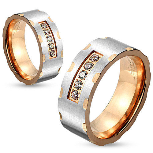 Two tone rose gold wedding band with 5 CZs | Wholesale stainless steel rings - Jewelry | Small photo
