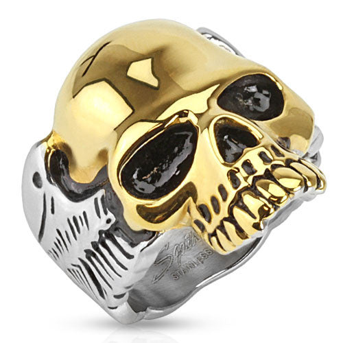 Two-tone gold skull with polished wings biker ring | Wholesale stainless steel biker rings - Jewelry 