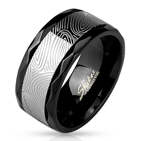 Two-tone fingerprint etched spinning band on black ring | Wholesale stainless steel rings - Jewelry | Large photo