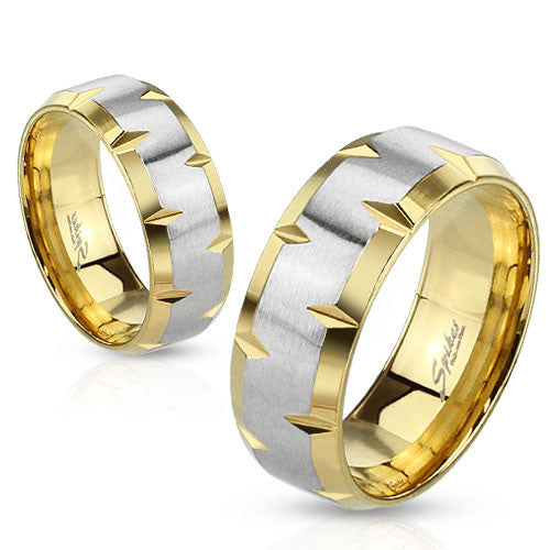 Gold stainless steel ring with tooth notched edges and steel band | Wholesale stainless steel rings - Jewelry