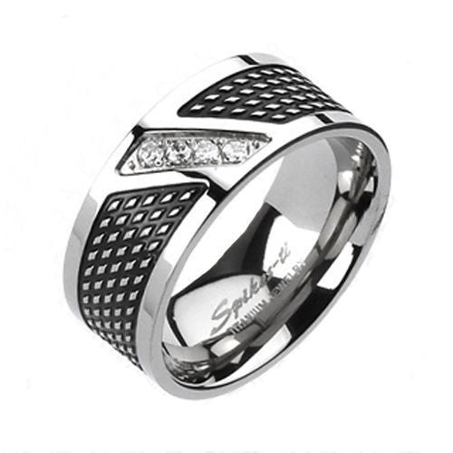 Two-tone titanium ring with raised diamond patter and 4 CZ accents | Wholesale Titanium Rings | Wedding Bands