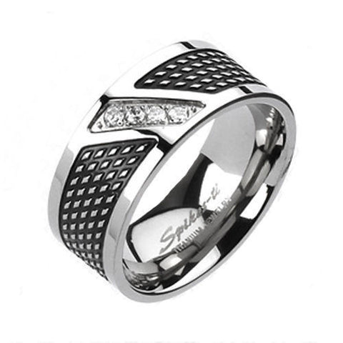 Two-tone titanium ring with raised diamond patter and 4 CZ accents | Wholesale Titanium Rings | Wedding Bands
