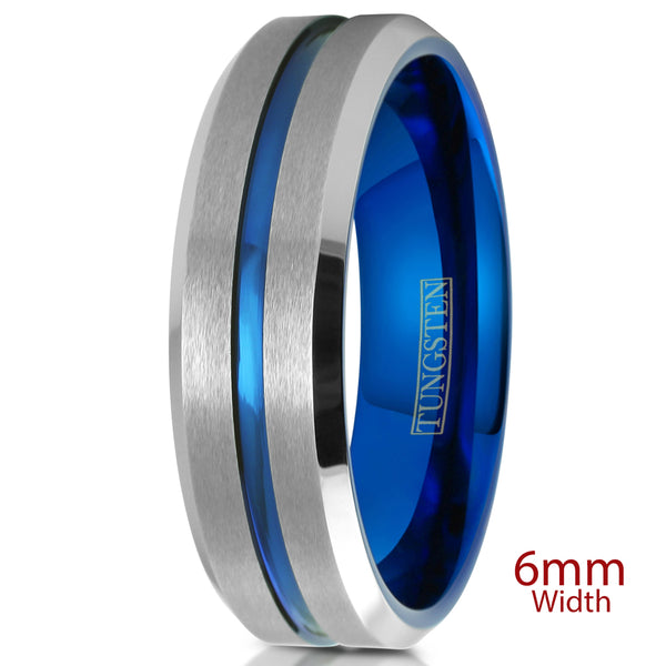 Silver tungsten carbide ring, blue inner band, blue recessed stripe | 6mm white photo