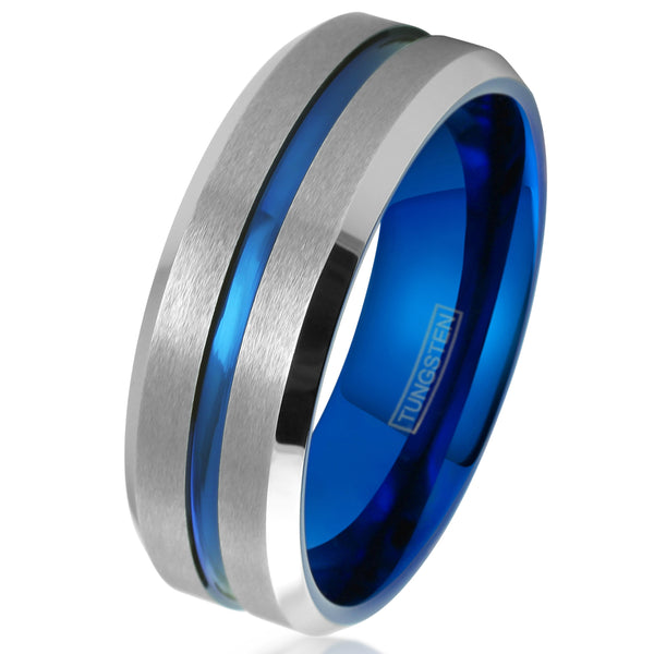 Silver tungsten carbide ring, blue inner band, blue recessed stripe | 8mm white photo