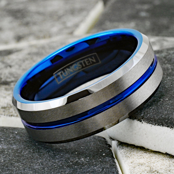 Brilliant Two-Tone Tungsten Ring with Blue Inner Band, Silver Brush Finish Outer Band, and a Dazzling Blue Recessed Stripe. For men and women. Couple Ring.