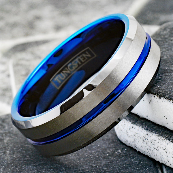 Brilliant Two-Tone Tungsten Ring with Blue Inner Band, Silver Brush Finish Outer Band, and a Dazzling Blue Recessed Stripe. For men and women. Couple Ring.