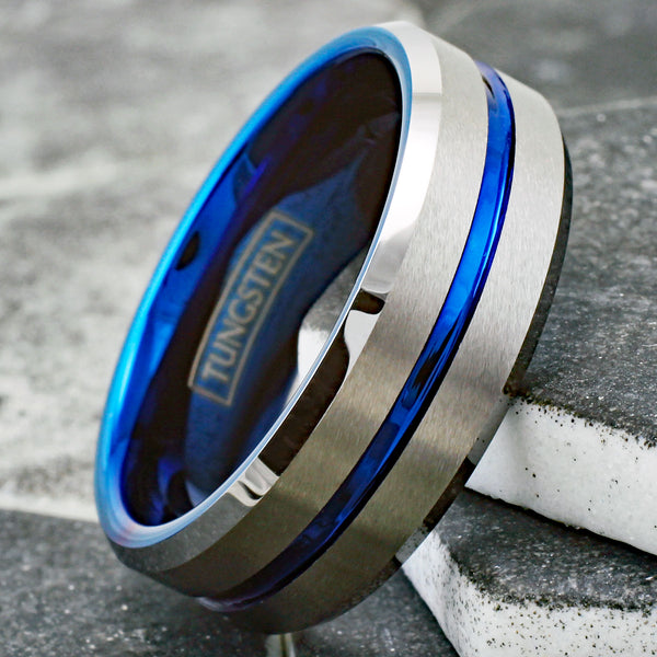 Brilliant Two-Tone Tungsten Ring with Blue Inner Band, Silver Brush Finish Outer Band, and a Dazzling Blue Recessed Stripe. For men and women. Couple Ring.