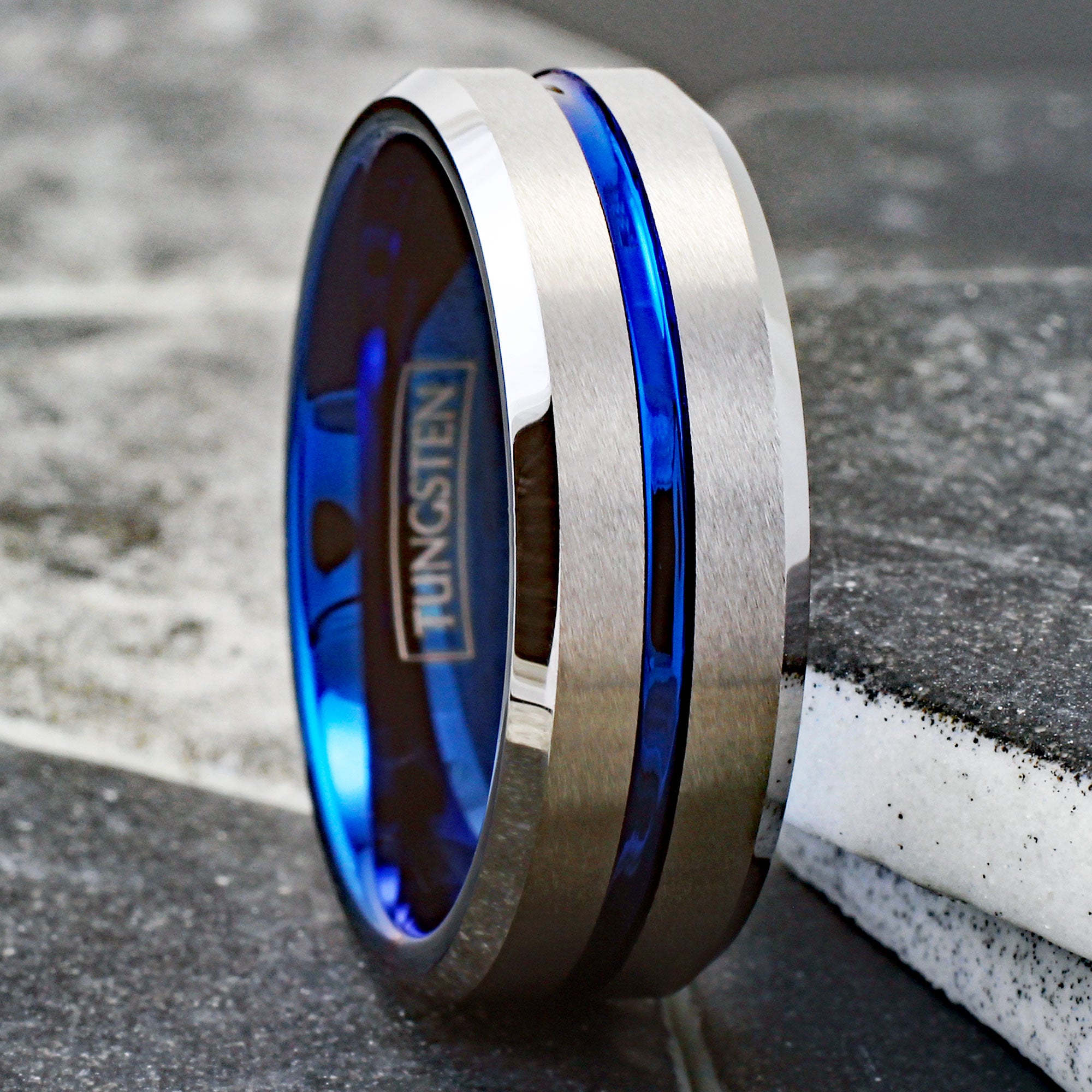 2-tone Silver Tungsten Carbide Ring w/ Blue Stripe & Blue Inner Band. 