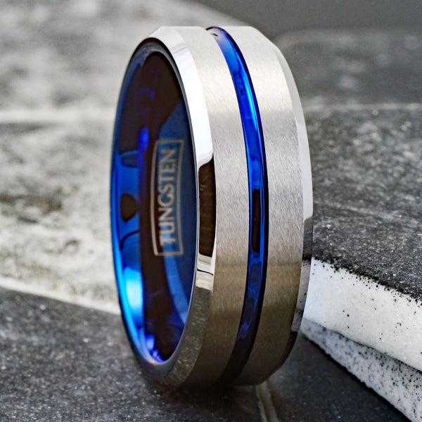 Brilliant Two-Tone Tungsten Ring with Blue Inner Band, Silver Brush Finish Outer Band, and a Dazzling Blue Recessed Stripe. For men and women. Couple Ring.
