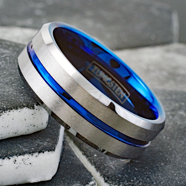 Brilliant Two-Tone Tungsten Ring with Blue Inner Band, Silver Brush Finish Outer Band, and a Dazzling Blue Recessed Stripe. For men and women. Couple Ring.