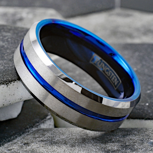 Brilliant Two-Tone Tungsten Ring with Blue Inner Band, Silver Brush Finish Outer Band, and a Dazzling Blue Recessed Stripe. For men and women. Couple Ring.