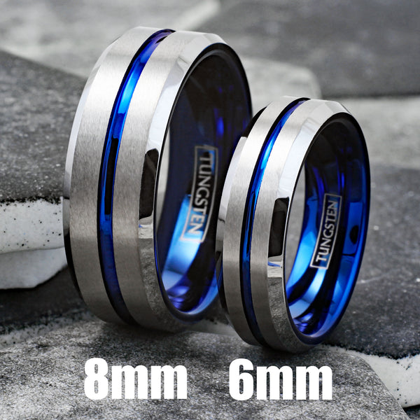 Brilliant Two-Tone Tungsten Ring with Blue Inner Band, Silver Brush Finish Outer Band, and a Dazzling Blue Recessed Stripe. For men and women. Couple Ring.