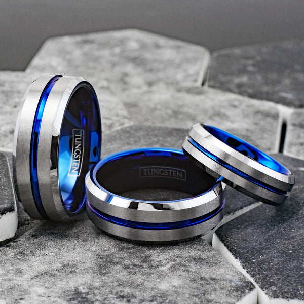 Brilliant Two-Tone Tungsten Ring with Blue Inner Band, Silver Brush Finish Outer Band, and a Dazzling Blue Recessed Stripe. For men and women. Couple Ring.